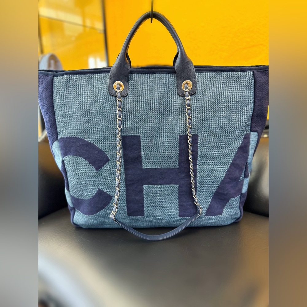 CHANEL Denim Deauville Logo Shopping Chain Tote Large Bag & Card